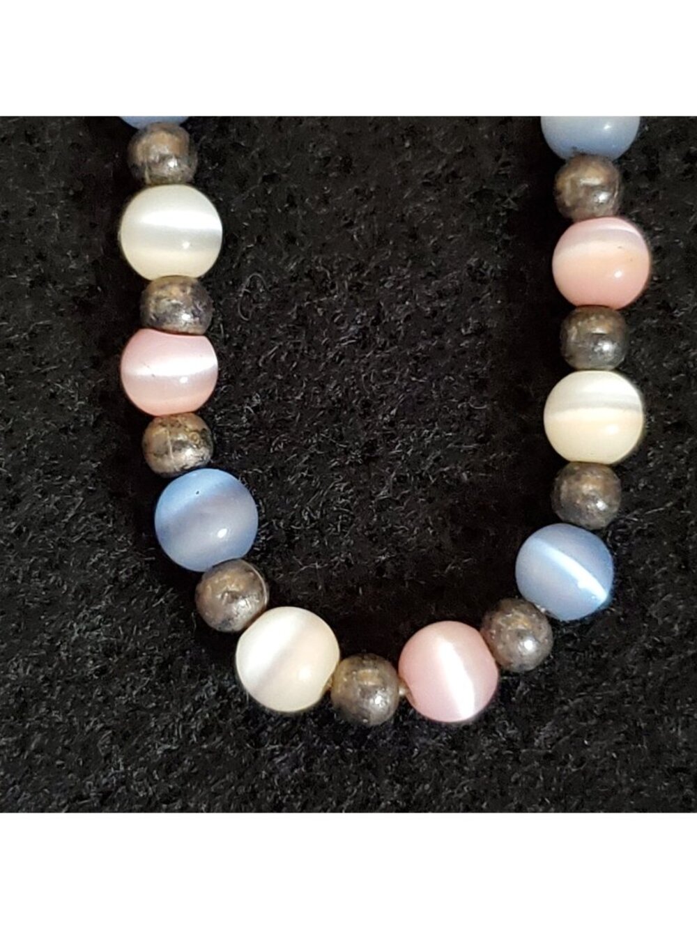 Vintage Beaded Bracelet Sterling Silver Cats Eye Pink Blue White 8"